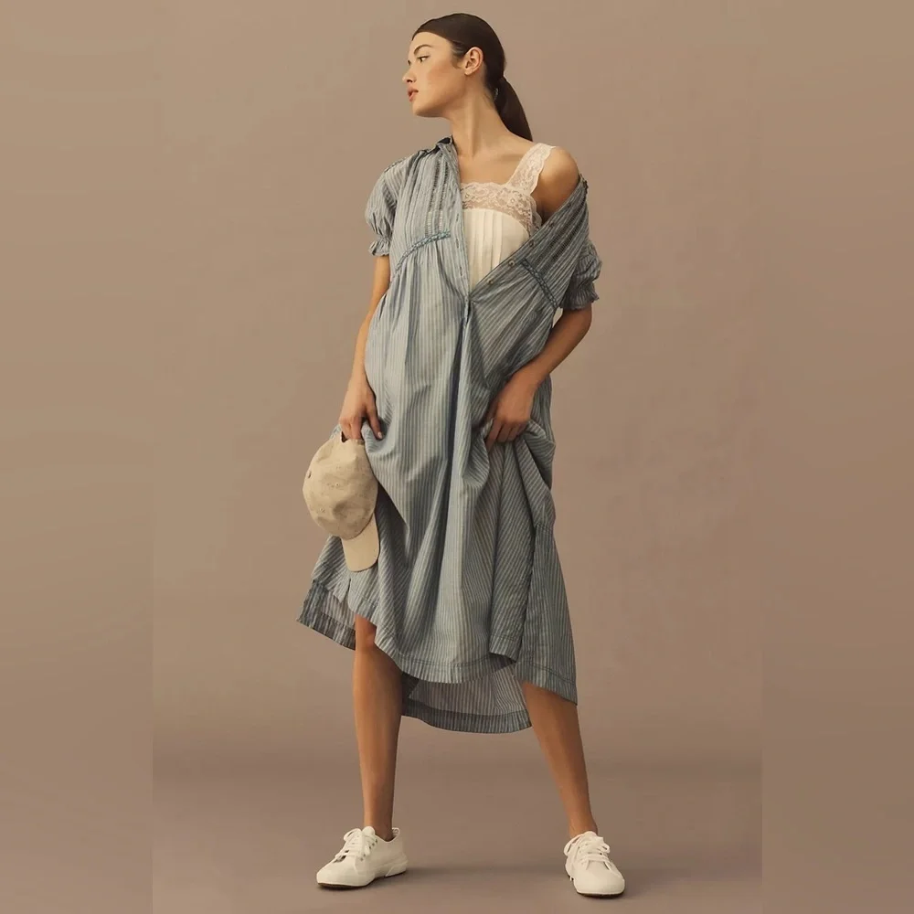 Anthropologie x Pilcro Flowy Puff-Sleeve Shirt Dress in Chambray